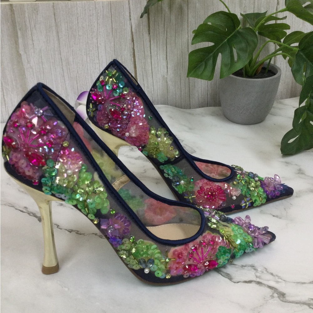 NWOT Betsey Johnson Netta Mesh  Multicolor Sequin Pointed Toe Pump - Picture 5 of 9
